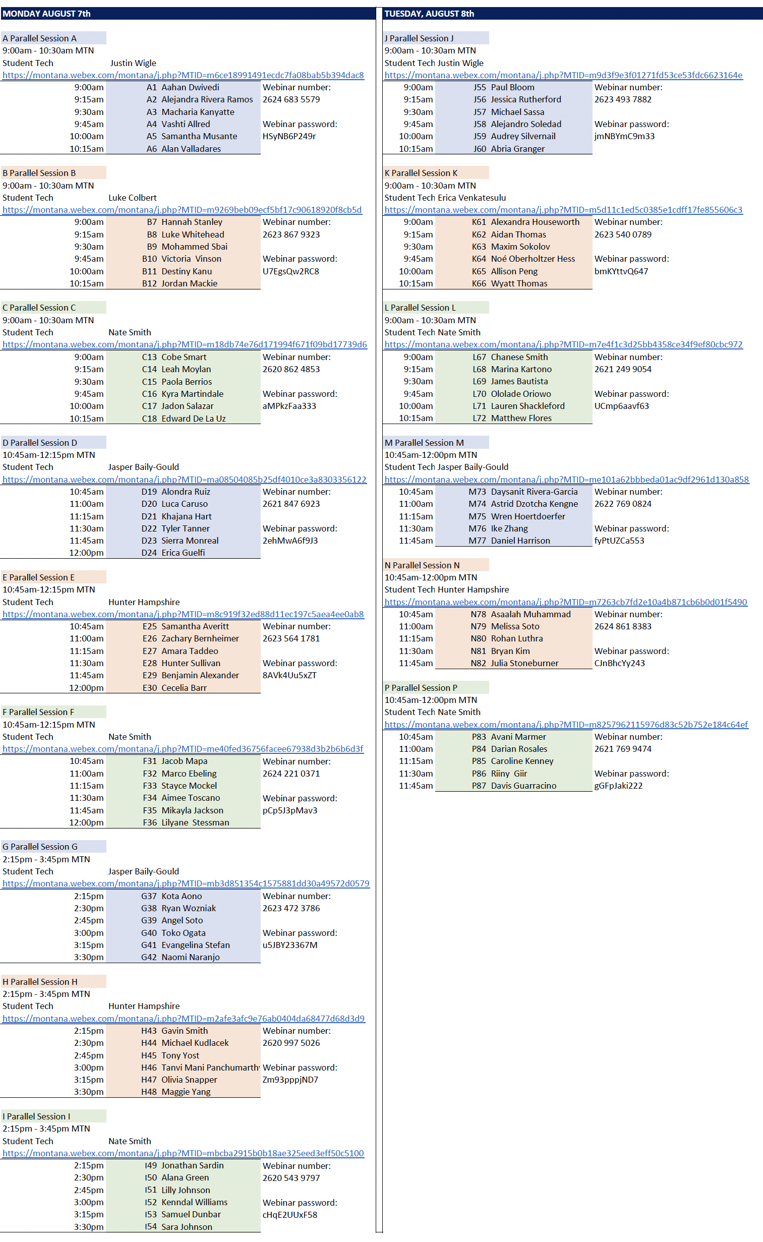 pic of links for sessions